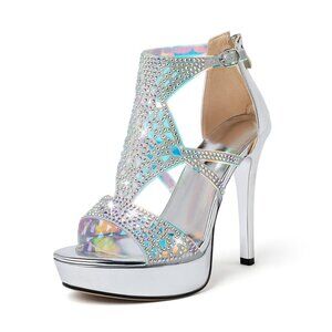 Eldof  Sandals, Sexy High Heel Strappy Sandals Rinestones, Cutout Open Toe Sz 8